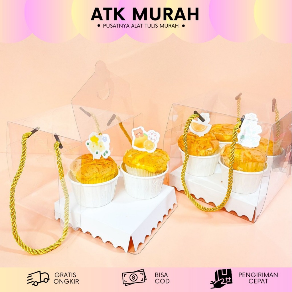 KOTAK BOX MIKA TALI EMAS PERSEGI TRANSPARAN DOS KUE TART BENTO CHIFFON PUDDING BOLU MINI CUPCAKE 12x