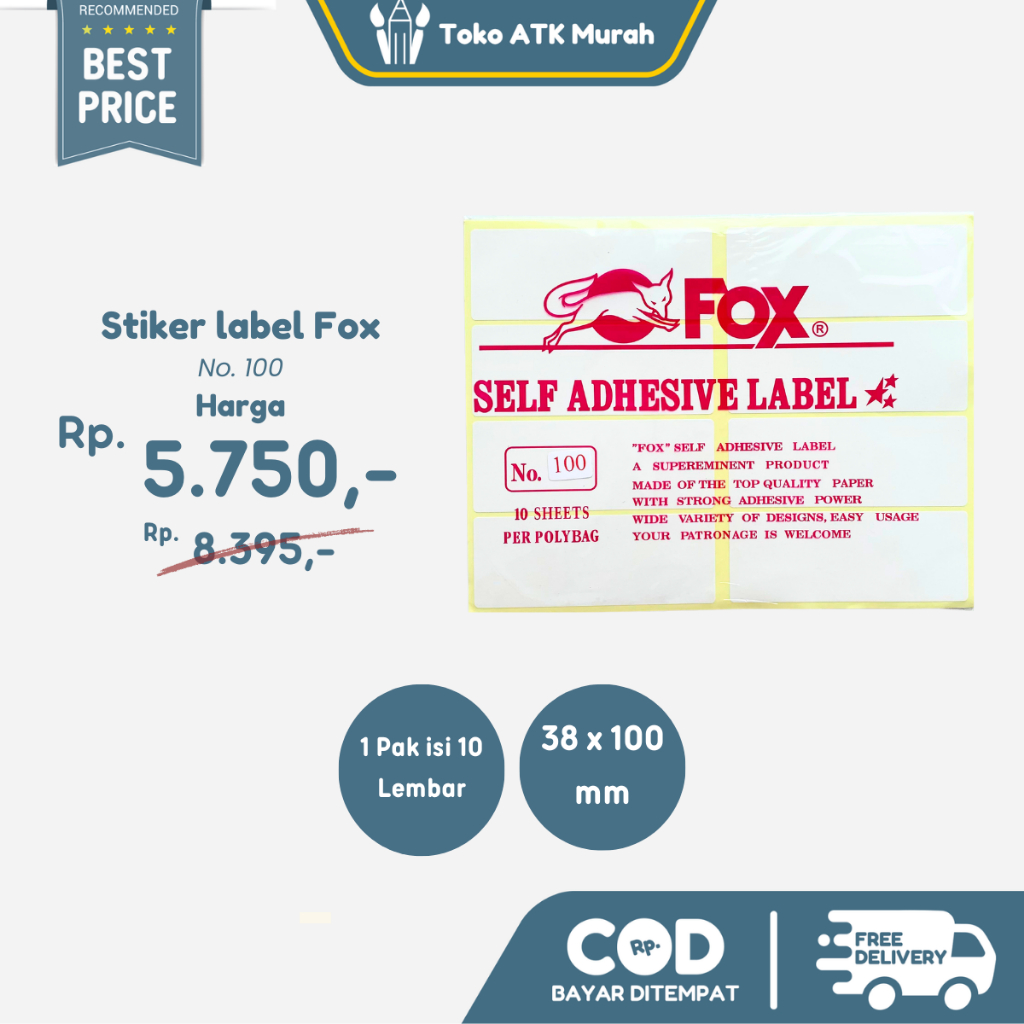 

Kertas / Label Stiker Fox No. 100 uk. 38 x 100 mm (Persegi Panjang)