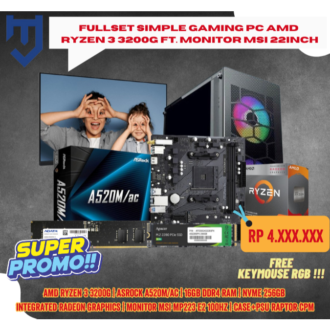 Fullset Simple Gaming PC AMD Ryzen 3 3200G ft. Monitor MSI 22inch