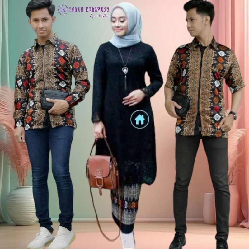 Set Baju Couple Tunik Kurung Brokat Tebal Pasangan Kemeja Batik Pria Dewasa Atasan Kondangan Keluarg