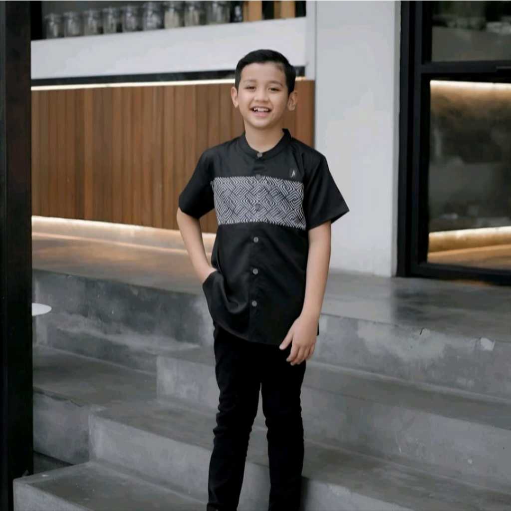 Baju Koko Muslim Anak Laki Laki Lengan Pendek Kombinasi Batik Kautsar Benzema Anak Usia 1 - 15 Tahun