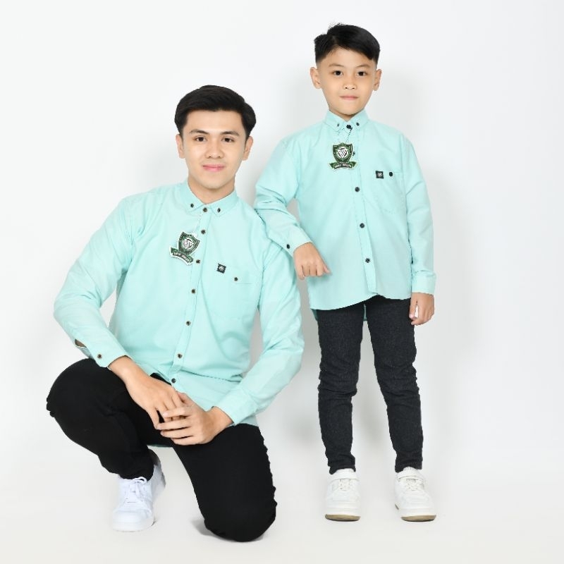 BOY MOM Toska Panjang Poplin Kemeja Polos Couple Ayah Dan Anak Warna Hijau Toska Lengan Panjang Kain