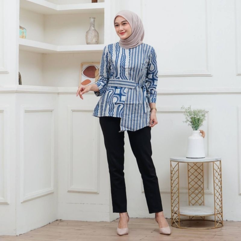 Blus Batik Midern Wanita Biru Atasan Batik Masakini Biru