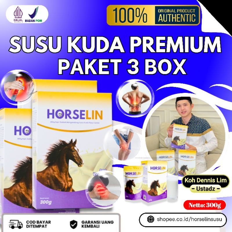 

Paket 3 BOX HORSELIN Susu Kuda Liar Premium Asli Sumbawa Atasi Persendian Tulang Otot Original 300GR