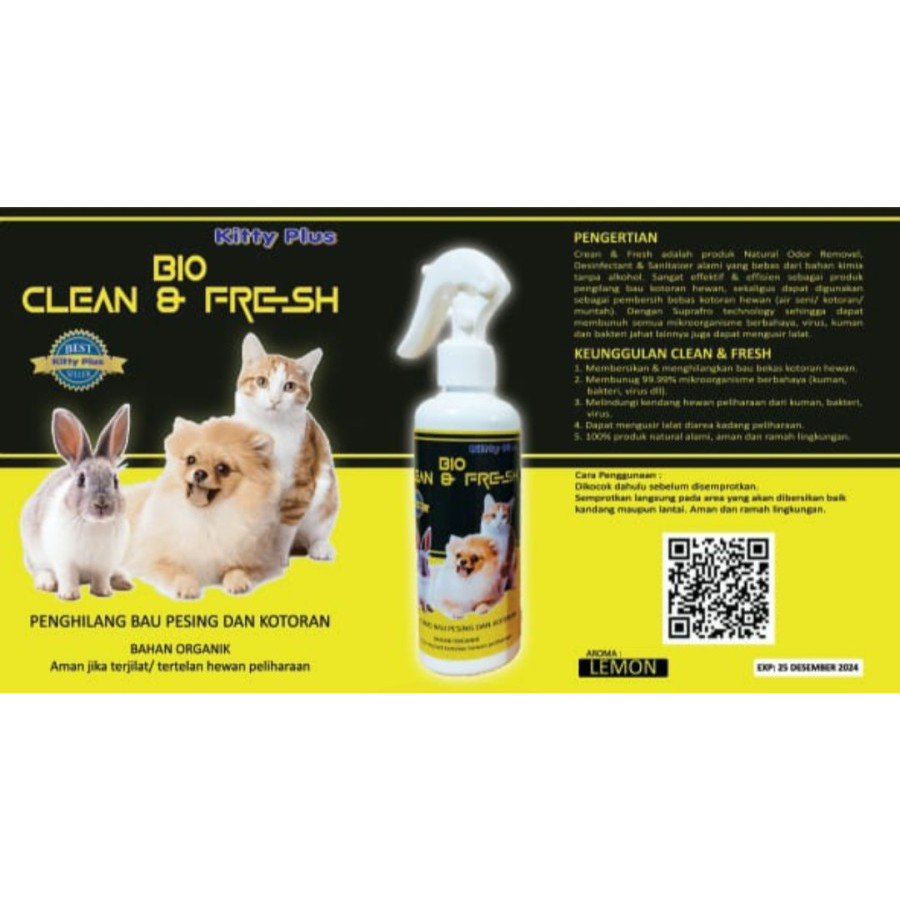 BIO CLEAN&FRESH SPRAY KITTY PLUS 250ML PENGHILANG BAU PESING & KOTORAN aroma lemon