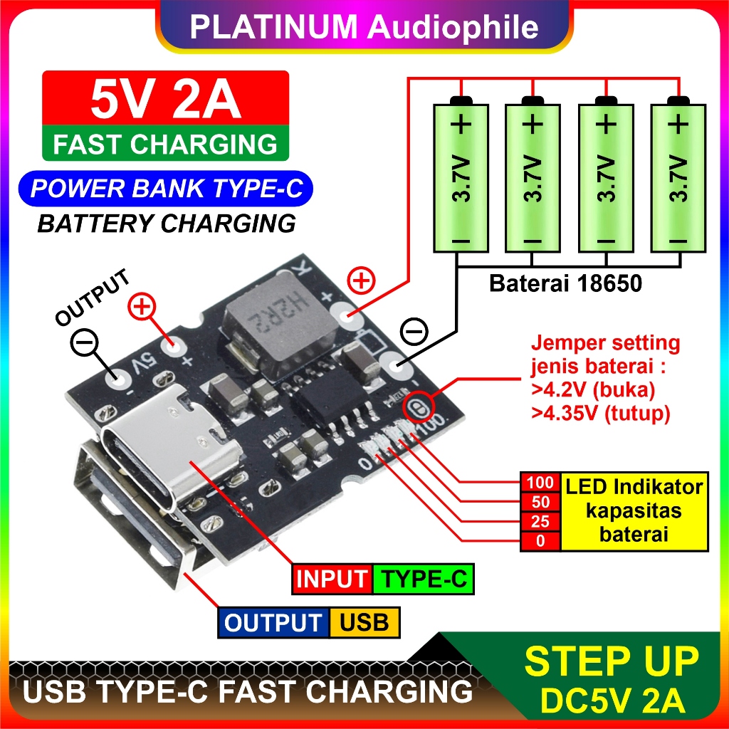 Modul Power Bank USB Type-C Fast Charger Step up Charging Lithium Baterai 18650