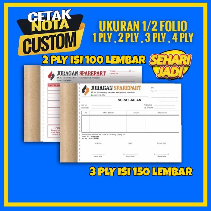 

Nota Custom Surat jalan Custom 1/2 folio Nota Custom Kwitansi 1 ply 2 ply 3 ply