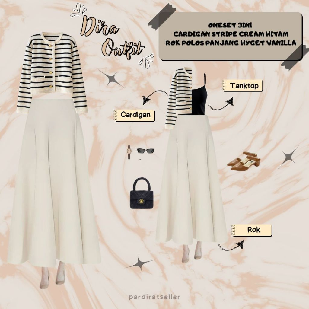 DR 419 - outfit dira tangtop tali kecil warna hitam cardigan stripe cream hitam dan rok polos panjan