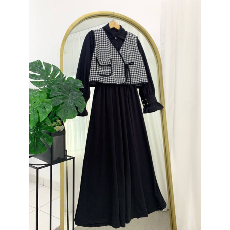 Mora Dress - Gamis Set Vest Kotak Premium Voxy Jisoo  Kotak Houndstooth Ruka ZhaZha