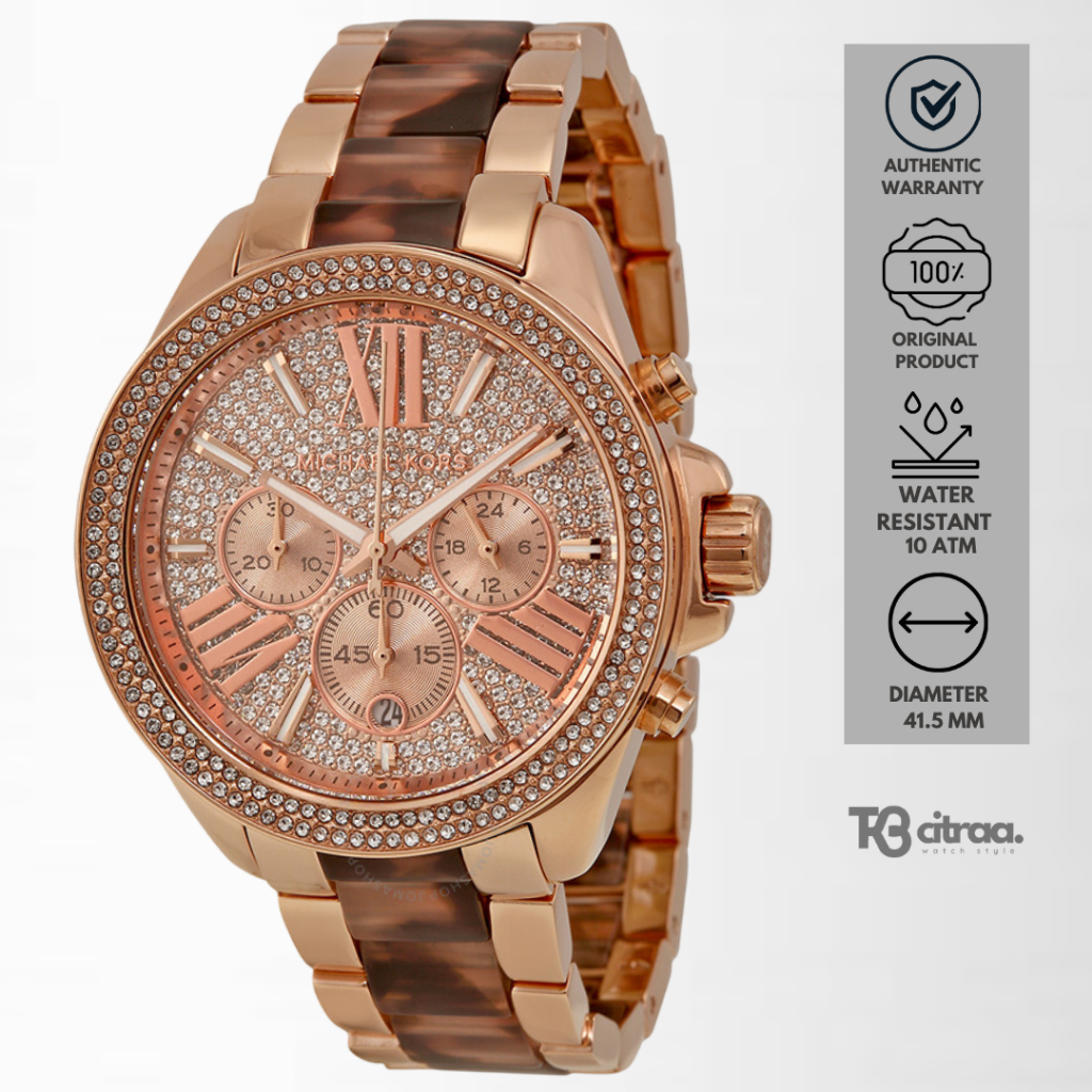 Jam Tangan Wanita Michael Kors Wristwatch Chronograph Rose Gold Combinasi Stainless Steel Mewah Orig