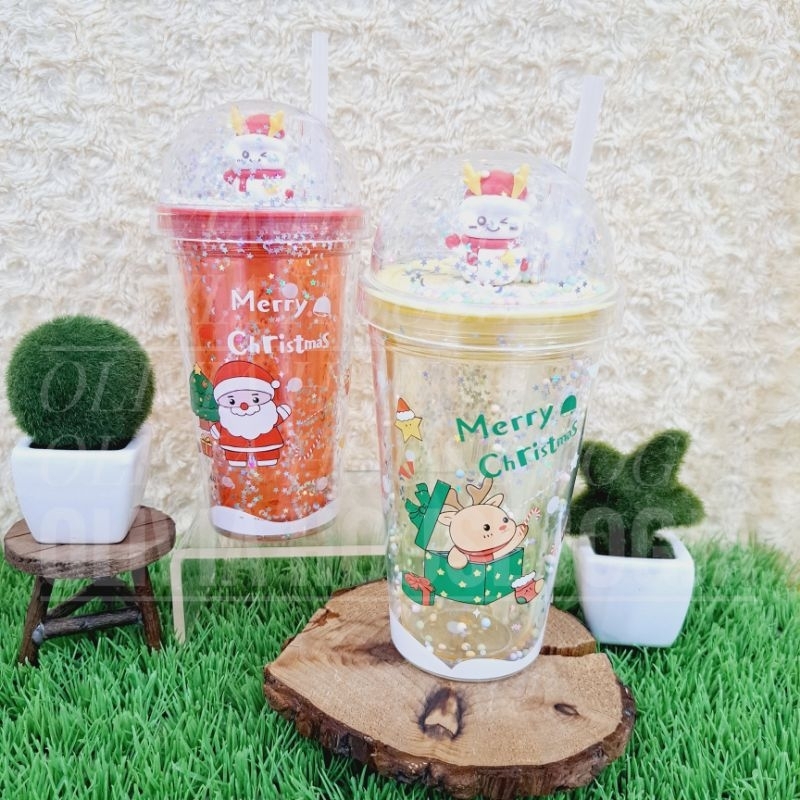 Tumbler Natal Transparan Botol Minum Xmas Sedotan Plastik Tempat Minum Natal Hiasan Snowman