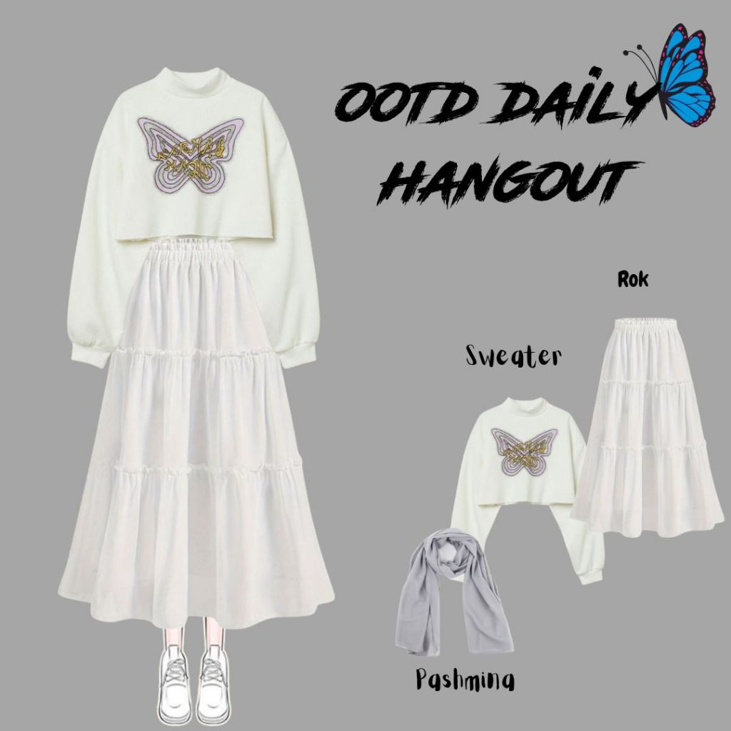 OOTD Angel Sweater Pashmina Rok Outfit Hangout Wanita