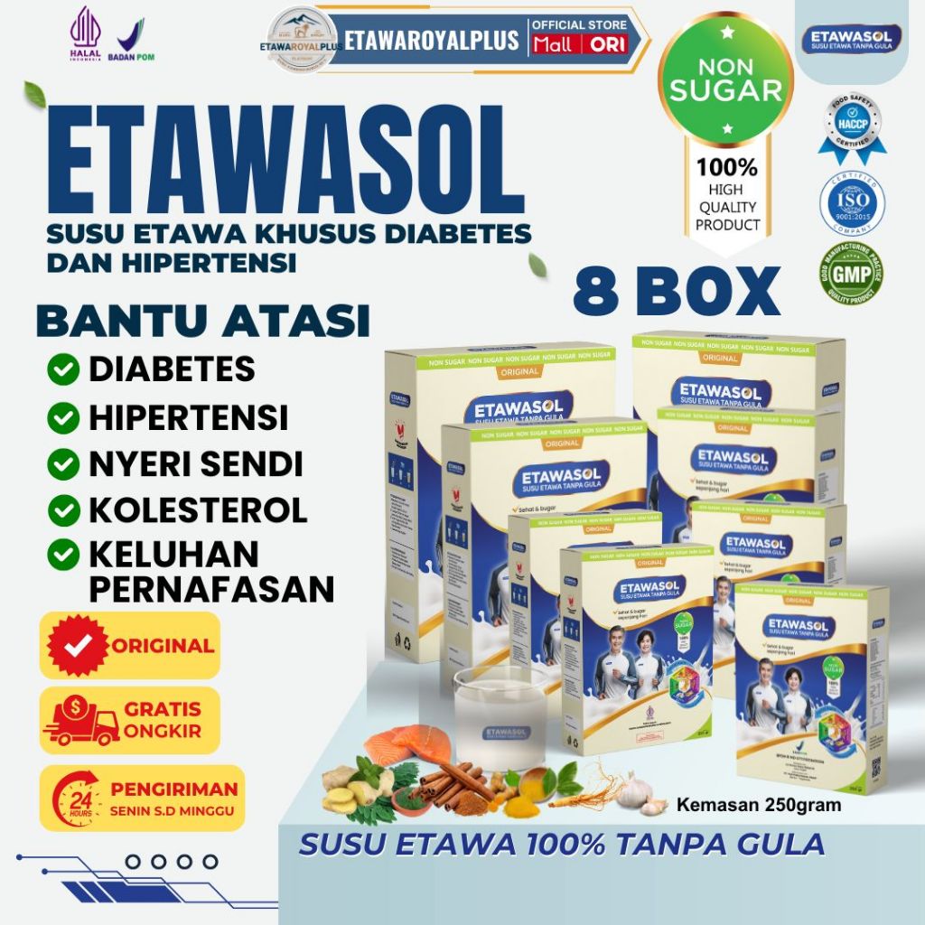 

BARU! Etawasol Susu Kambing Non-sugar Atasi Diabetes, Hipertensi, Nyeri Sendi dan Pernafasan - 8 Box