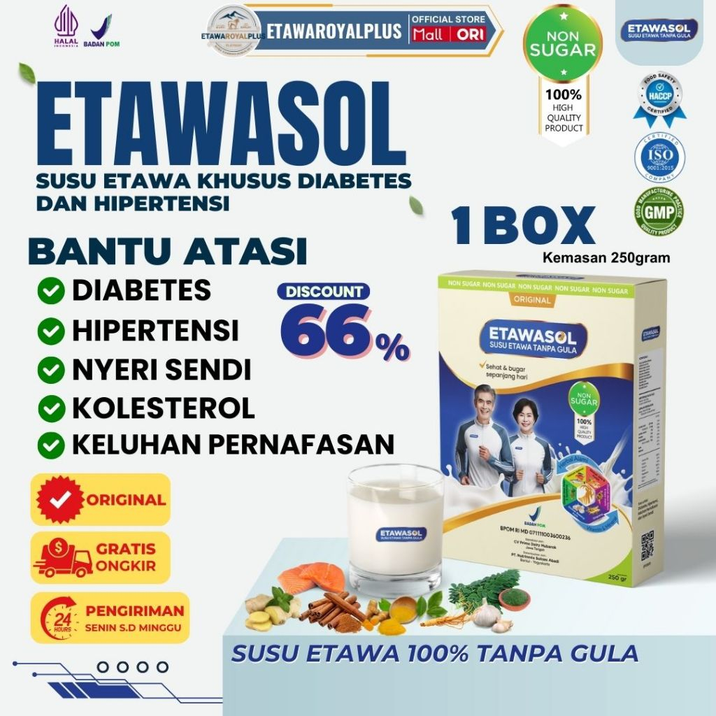 

BARU! Etawasol Susu Kambing Non-sugar Atasi Hipertensi, Nyeri Sendi, Diabetes dan Pernafasan -1 Box