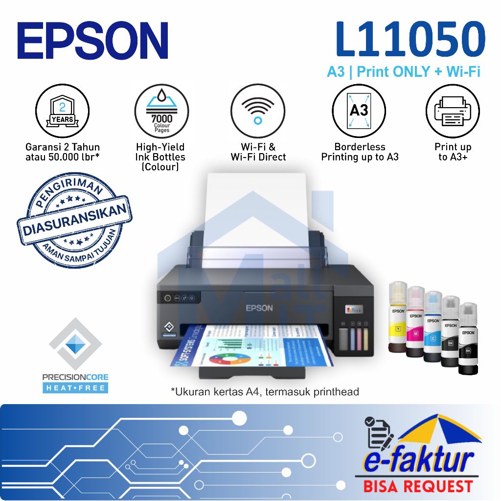 MALLIT EPSON Printer Epson L11050 L-11050 L 11050 Pengganti Epson L1300 L-1300 Print Only A3+ Resmi 