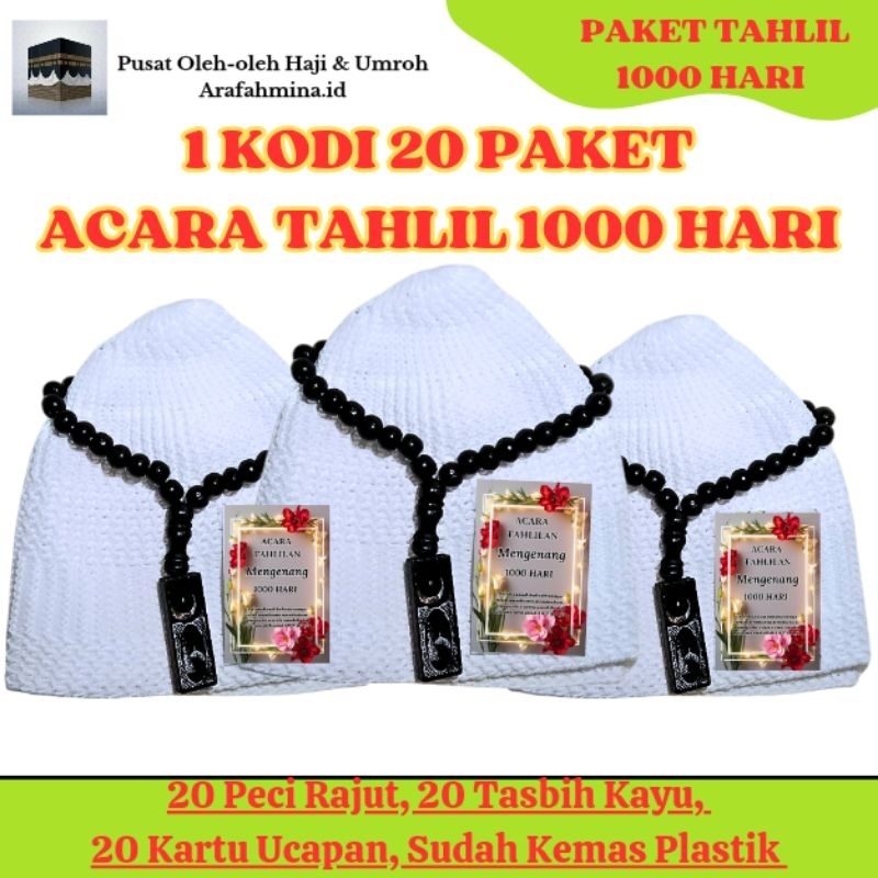 1 KODI 20 PAKET PECI RAJUT & TASBIH SOUVENIR TAHLILAN 1000 HARI, SOUVENIR HADIAH DLL.