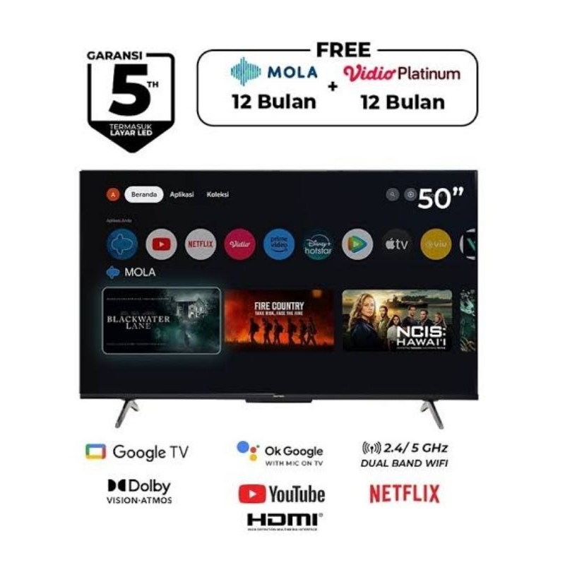 TV 50 INCH ANDROID GOOGLE TV POLYTRON 50UG5959 UHD 4K