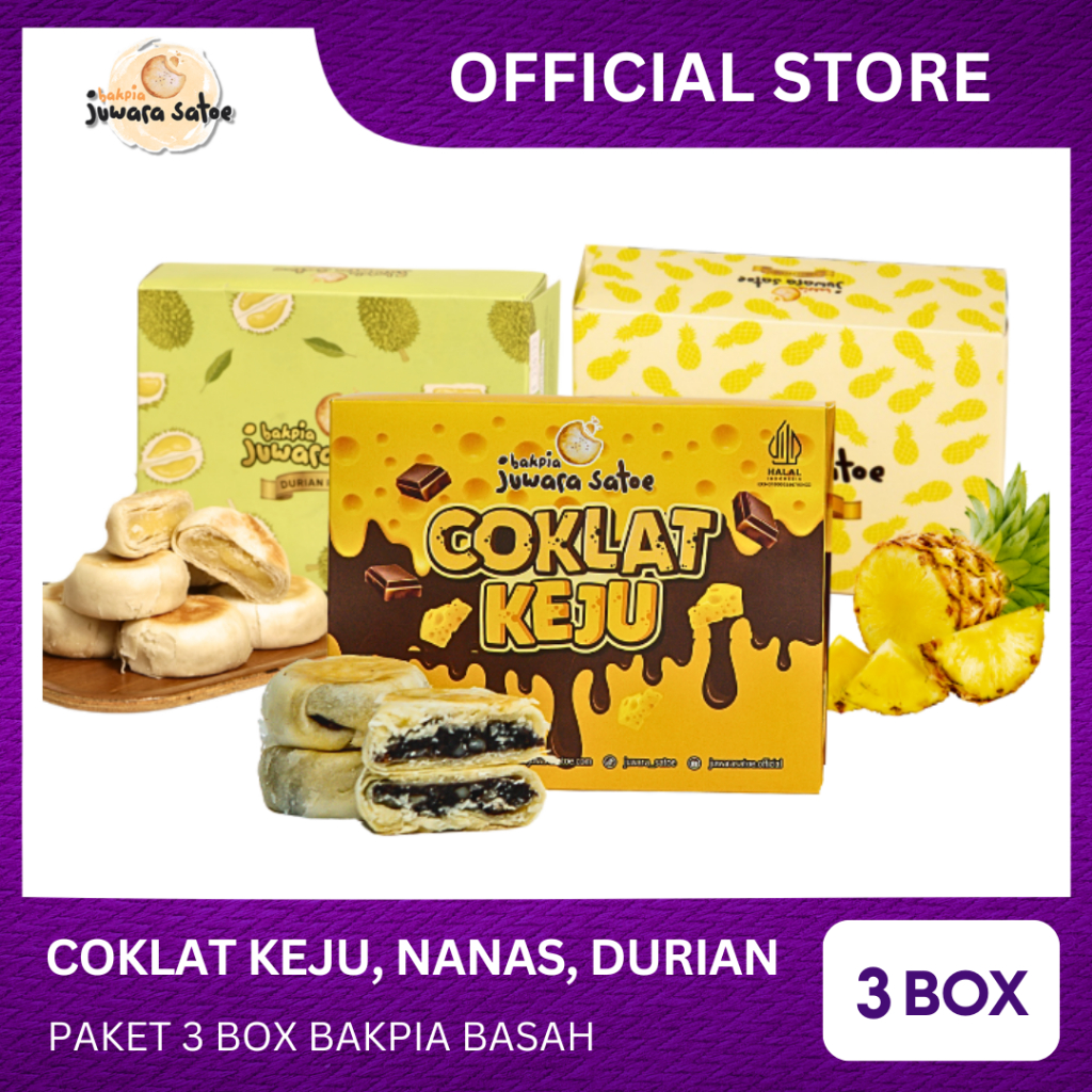 

[ 3 BOX ] PAKET BAKPIA BASAH (COKLAT KEJU, NANAS, DURIAN) - BAKPIA JUWARA SATOE