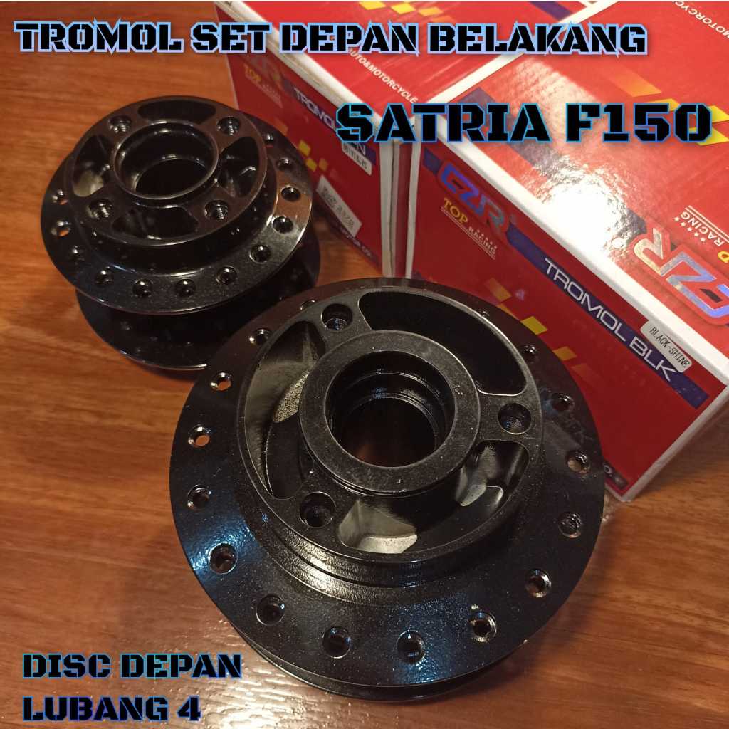 TROMOL SATRIA FU150 SET DEPAN BELAKANG HITAM METALIK PEMAKAIAN DISC DEPAN LUBANG 4 CZR