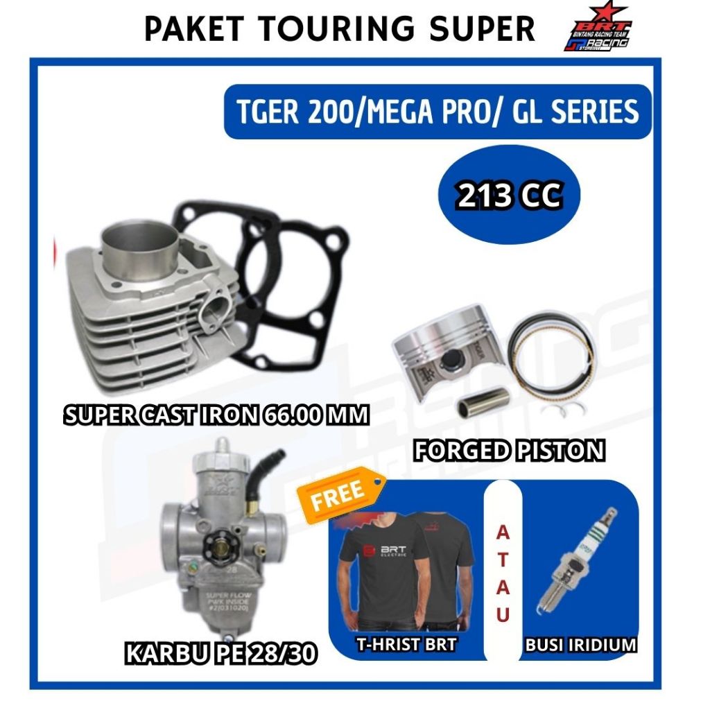 Paket Bore Up Tiger 200/Mega Pro Primus/GL - Blok Cast Iron-Piston 66-Karburator-BRT Paket Touring 6