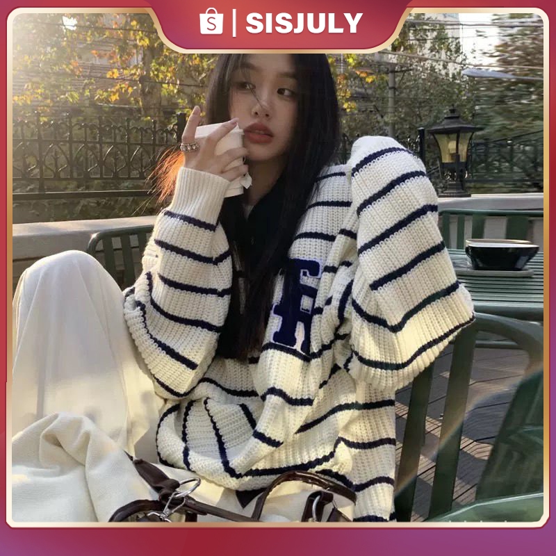 #Sisjuly# Wanita Rajut Sweater Wanita Musim Dingin Baru Retro Jepang Bergaris Huruf Longgar Pullover