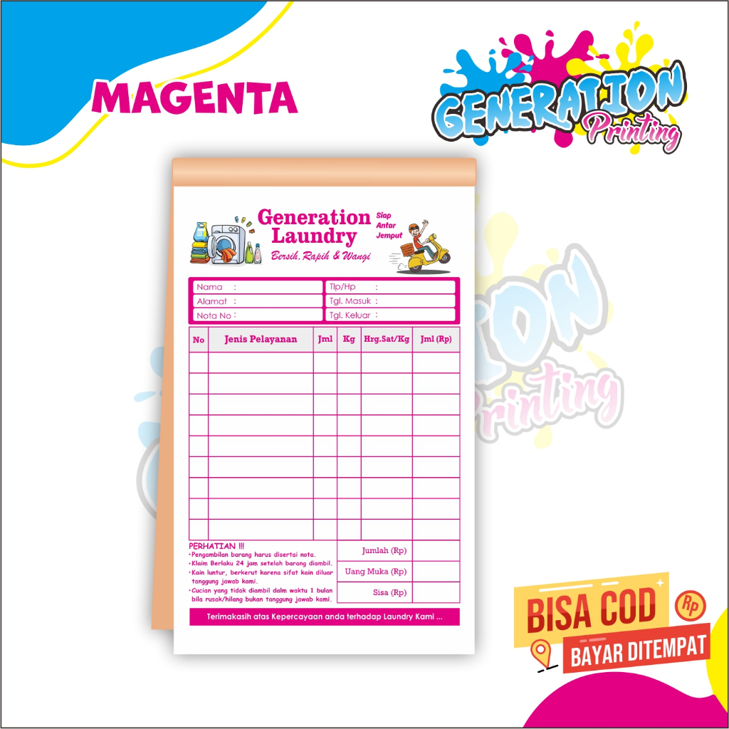 

Generation Printing Laundry Custom Ukuran 1/4 Folio Isi 50 Lembar Bebas Custom Desain Nama Laundry