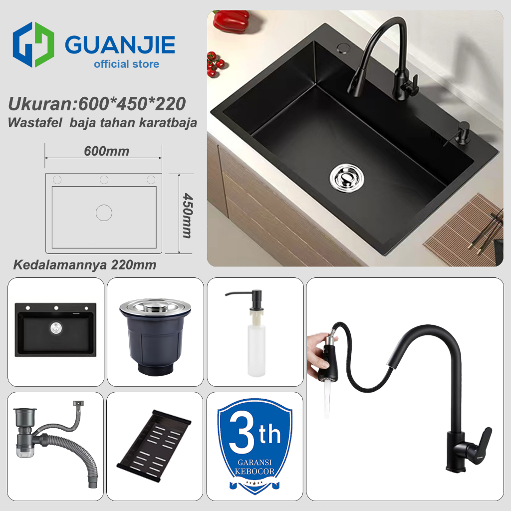 GUANJIE - Stainless Steel Kitchen sink Modern Kitchen Sink Bak Cuci Piring Stainless Hitam cuci piri