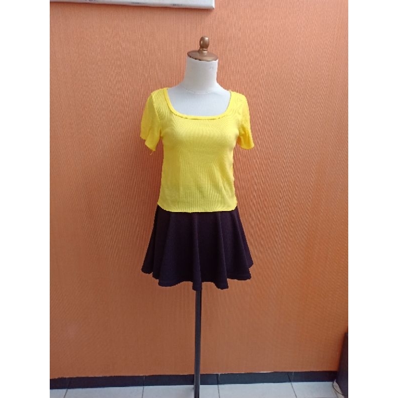 NEW atasan kaos wanita kuning rib M cewek L blouse lengan pendek santai