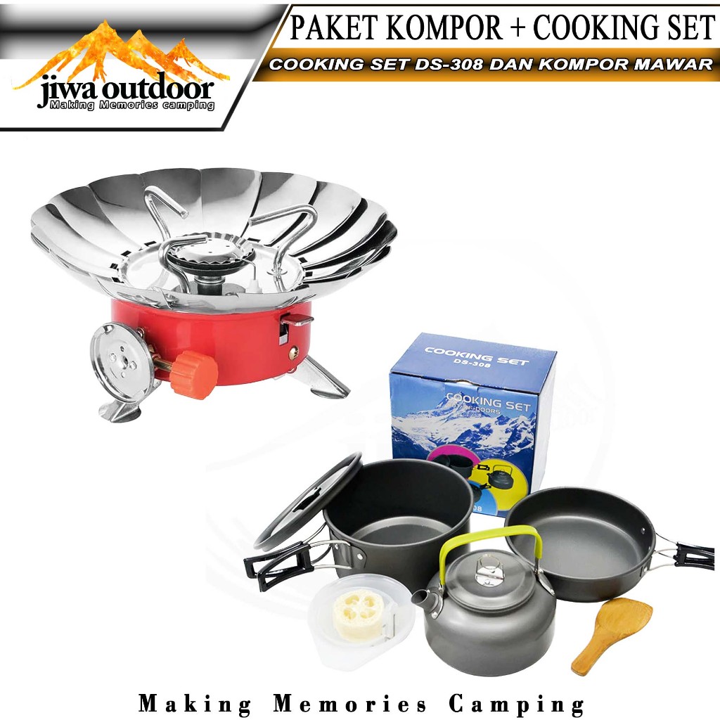 paketan cooking set ds-308 + kompor mawar portable camping paket hemat nesting ds308 dan kompor k203