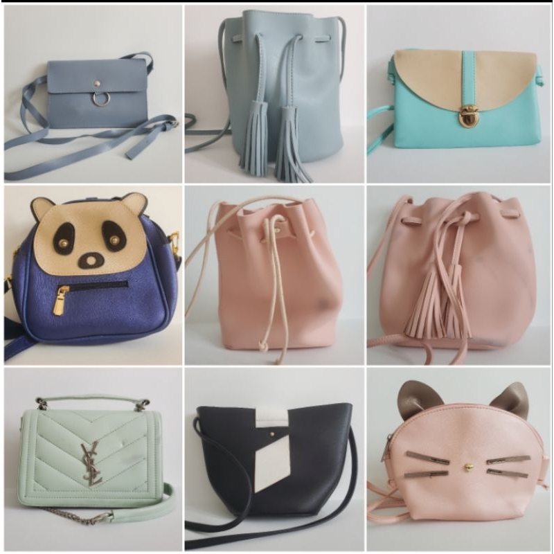 Preloved Tas Selempang Bahu Sling Bag Wanita warna biru hijau tosca hitam putih pink