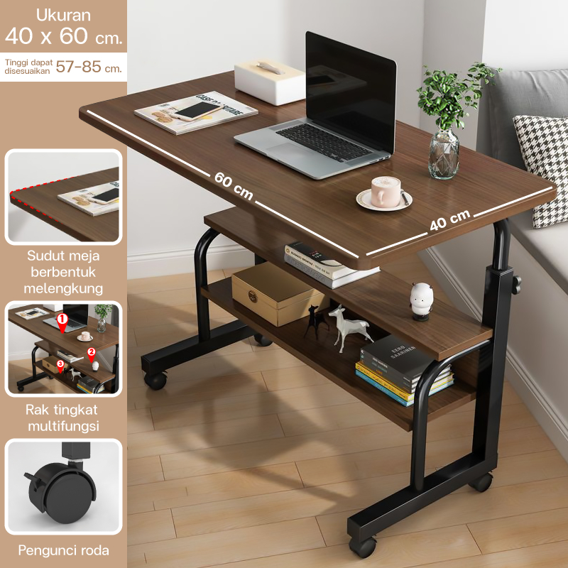 BG SPORT Meja Laptop Belajar Kerja Portable Bertingkat Dengan Roda Meja Komputer Multifungsi