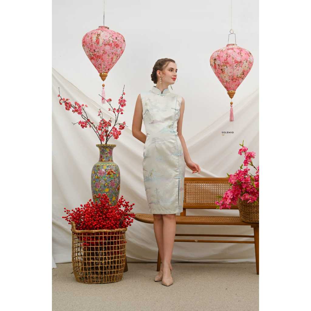 B21904 SOLEMIO CHEONGSAM DRESS KATUN SATIN EMBOSSED NEW COLLECTION