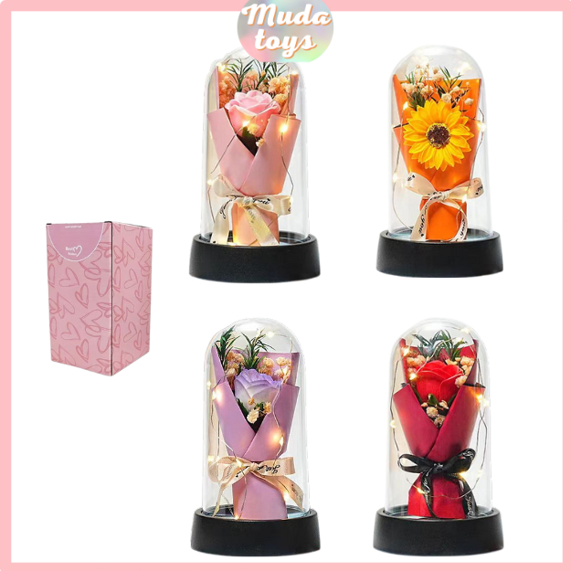 Muds Toys Bunga Mawar Lampu Led-Lampu Led Bunga Rose In Glass Dome Dekorasi Kamar Tidur Valentine