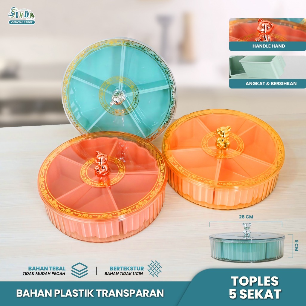 Sinda Toples Makanan Bulat dengan 5 Sekat Besar Penyimpanan Camilan Snack untuk Ruang Tamu dan Kelua