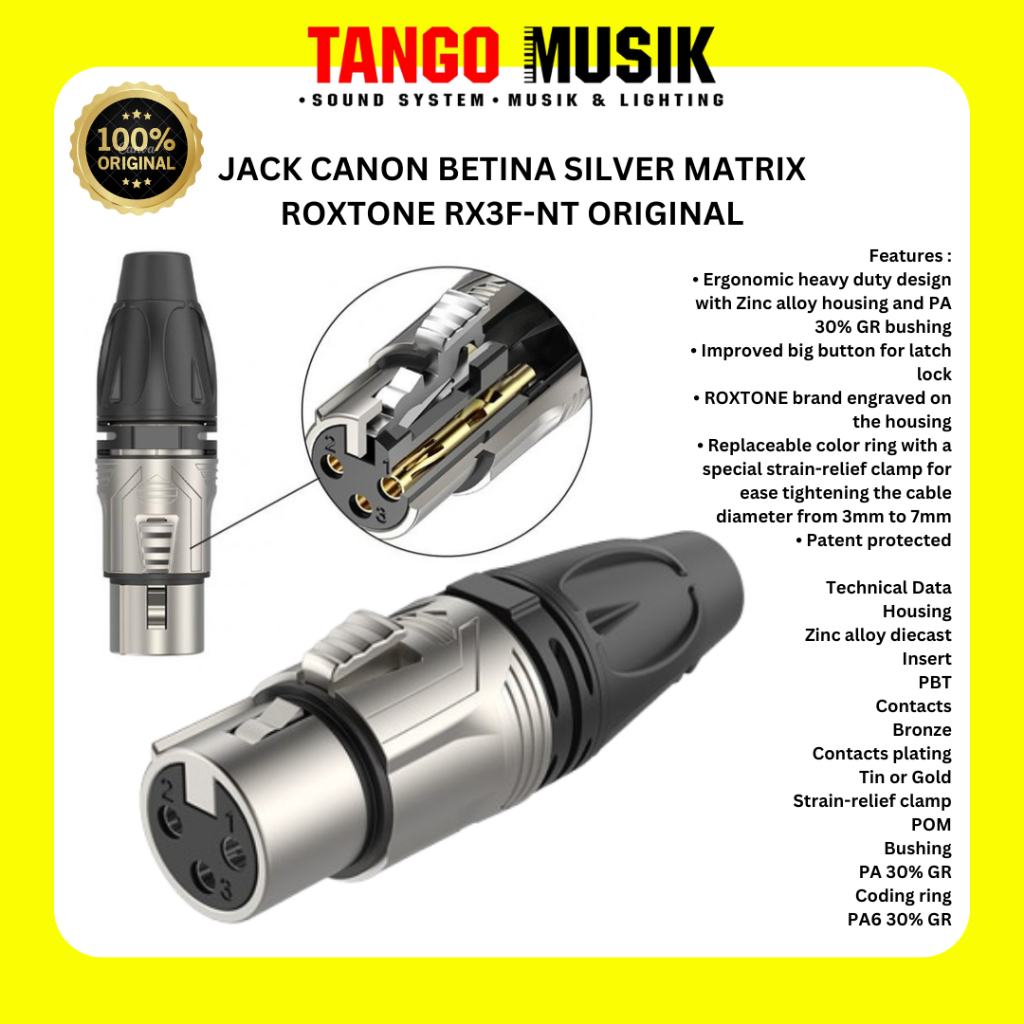 JACK CANON BETINA SILVER MATRIX ROXTONE RX3F-NT ORIGINAL / Jack Canon XLR 3 Pin Male / Soket Canon K