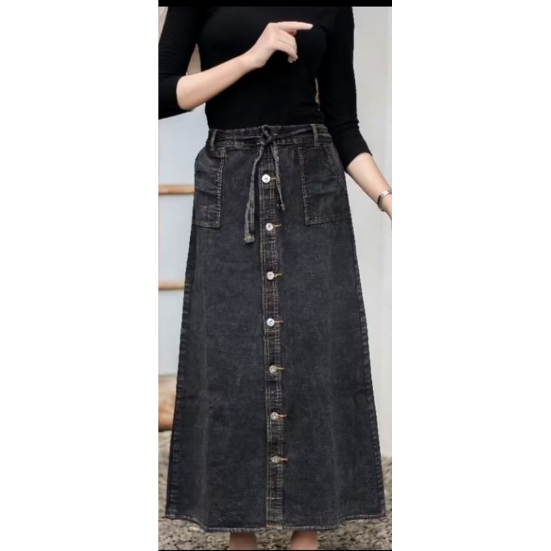rok jeans panjang wanita tali pinggang