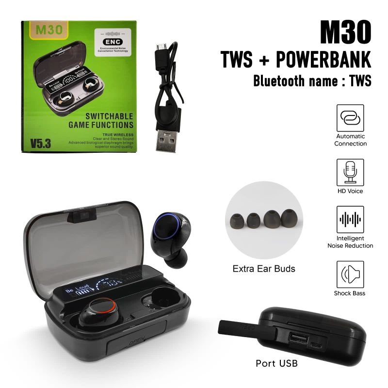 TWS M30 V5.3 EARPHONE BLUETOOTH TWS + POWERBANK