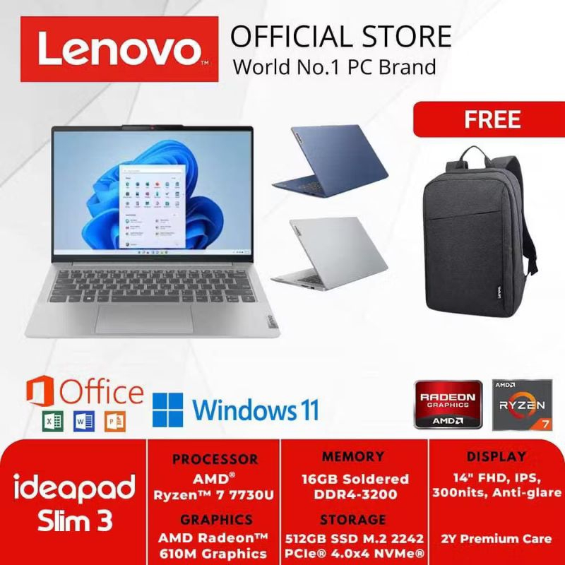 LENOVO IDEAPAD SLIM 3 RYZEN 7 7730U 16GB 512SSD WINDOWS OFFICE ORIGINAL