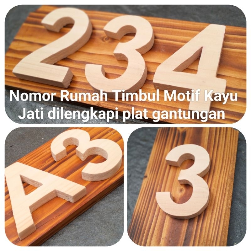 Nomor Rumah Timbul Jati Belanda motif ori Kayu Jati dilengkapi plat gantungan di bagian belakang