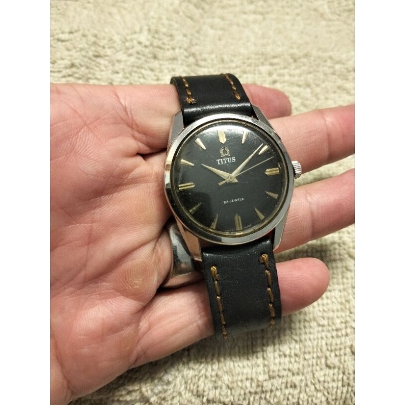 [ W ] Titus Jam Tangan Pria Hitam Kulit Coklat Automatic Manual 23 jewels second