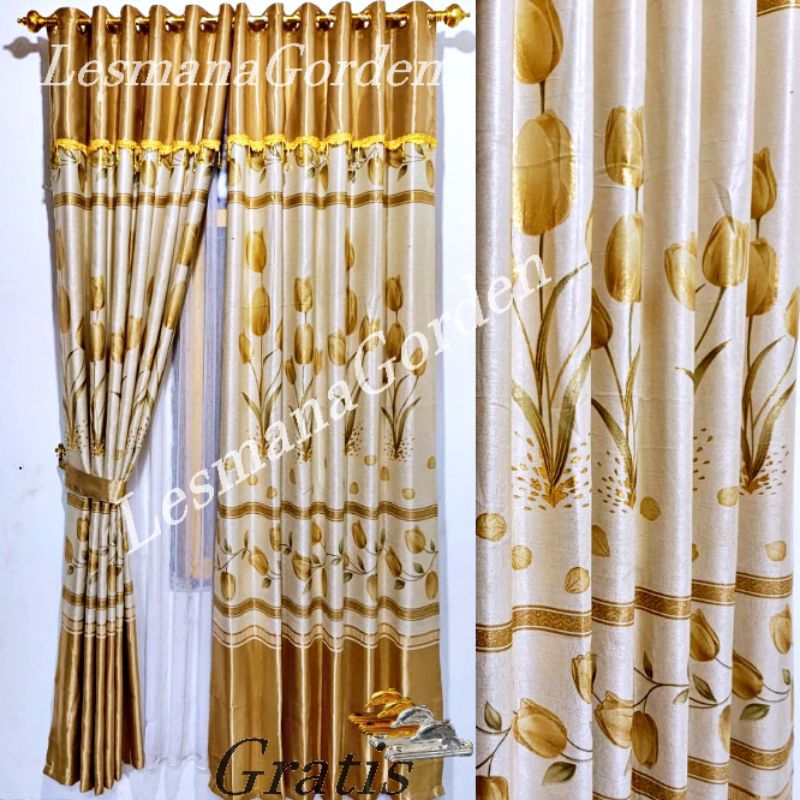 Gorden Blackout Premium Motif Tulip Model Poni Temepl Jendela & Pintu Mewah Gold
