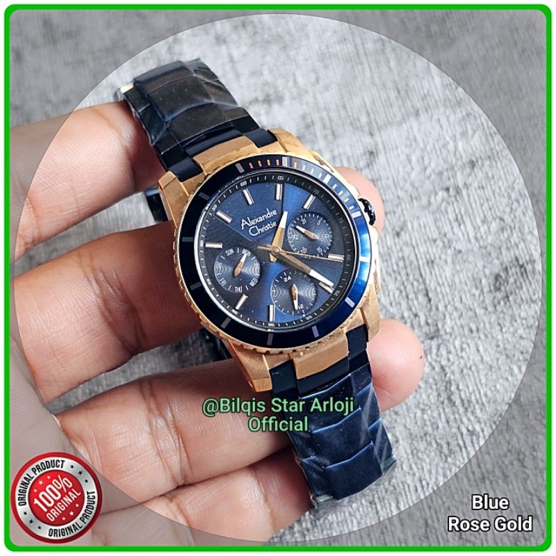 Alexandre Christie Wanita Ac 6455 Mini Tali Rantai Biru Rose Gold Original