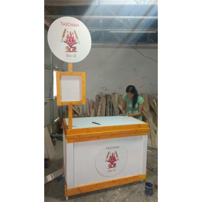 Gerobak Lipat Kayu Portable 120/130cm Booth Minuman Kopi Jus Meja Display Roda