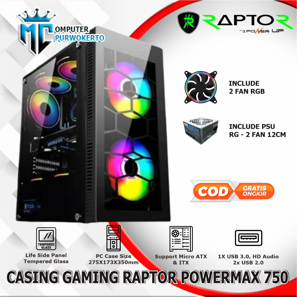 Casing PC / PC Case Gaming Raptor Powermax 750 Include PSU dan 2 Fan RGB