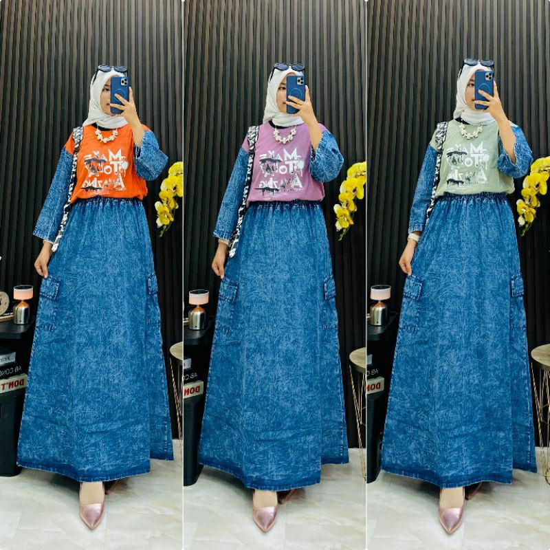 one set rok wanita jens kargo mix kombed premium