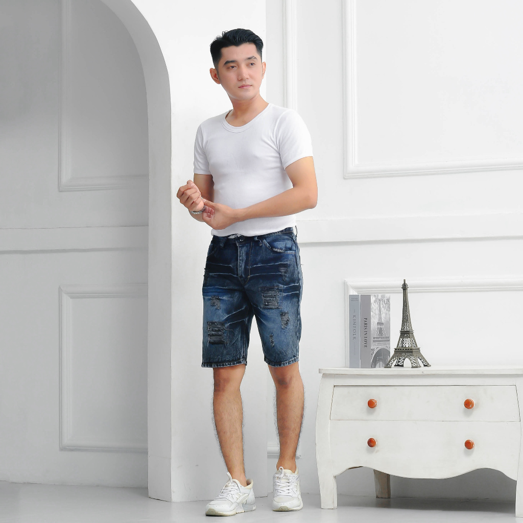 Celana Jeans Pendek Celana Jeans Pendek Pria Sobek Celana Pendek Jeans pria Denim Warna Hitam