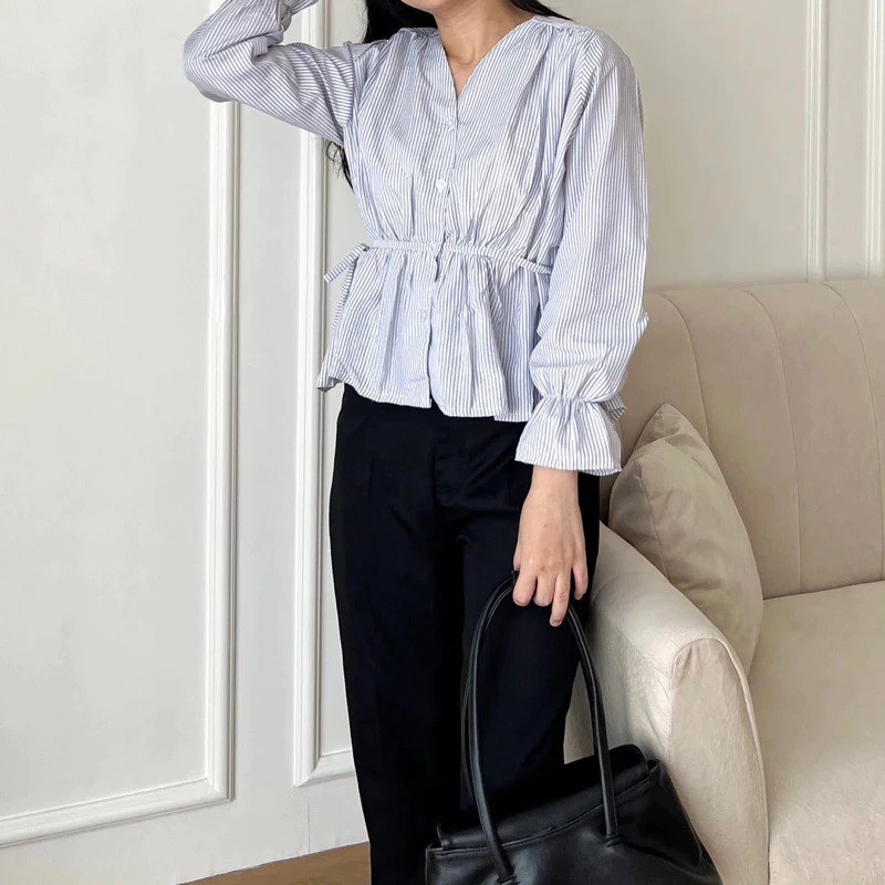 MF - MSO Blouse JARANI Tengah Serut Karet Lengan Panjang / Nessa Stripe Blouse Wanita Baju Tangan Pa