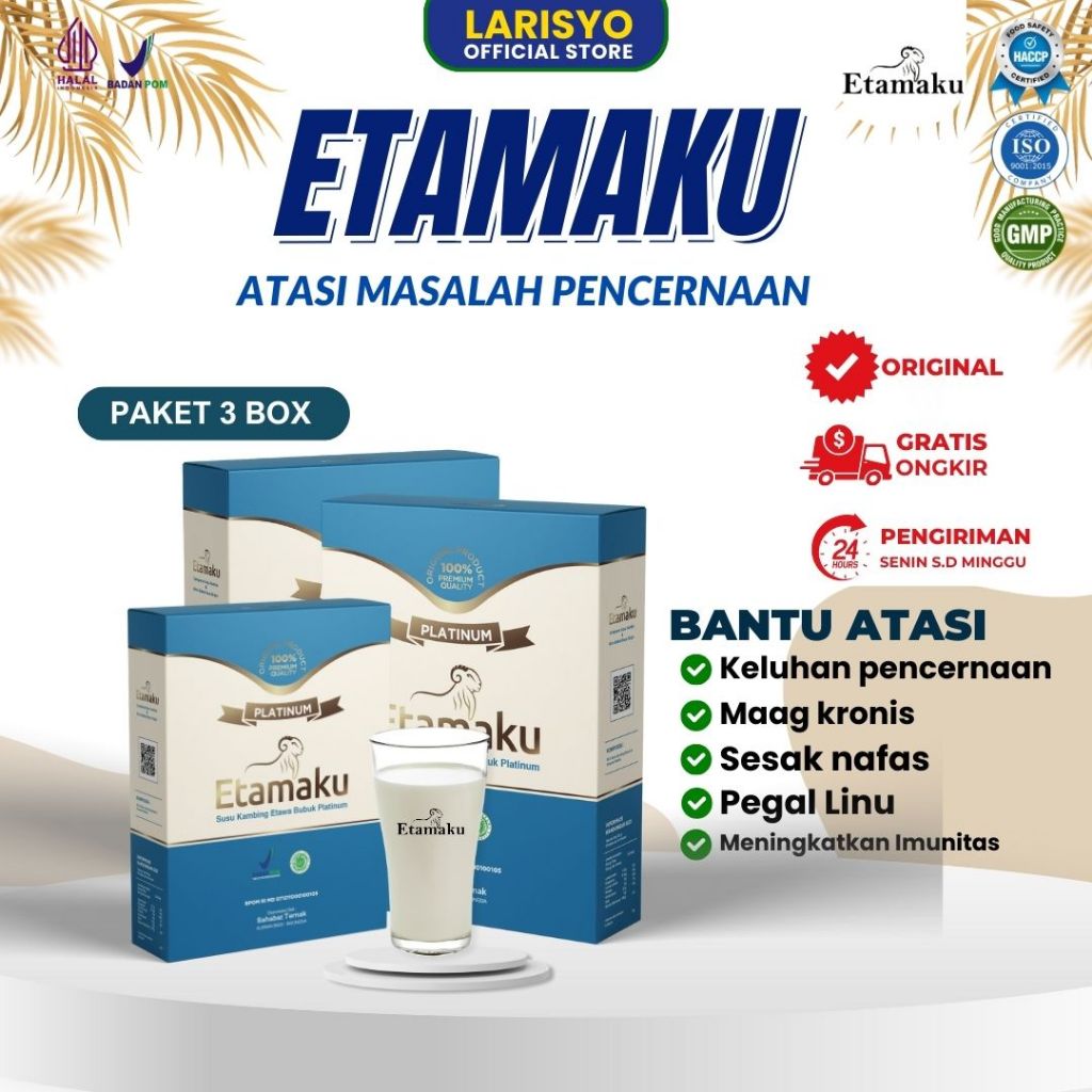 

Etamaku Susu Kambing Etawa Untuk Kesehatan Lambung dan Pencernaan Kemasan 250gr Paket 3 Box