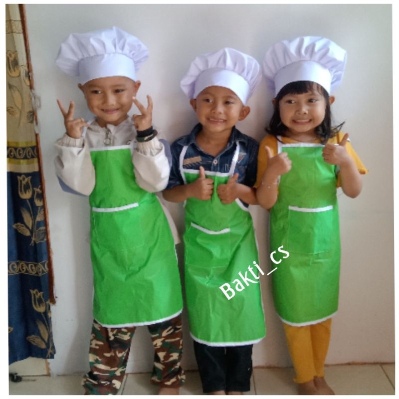 CELEMEK ANAK TK APRON+TOPI PUTIH CHEF KOKI
