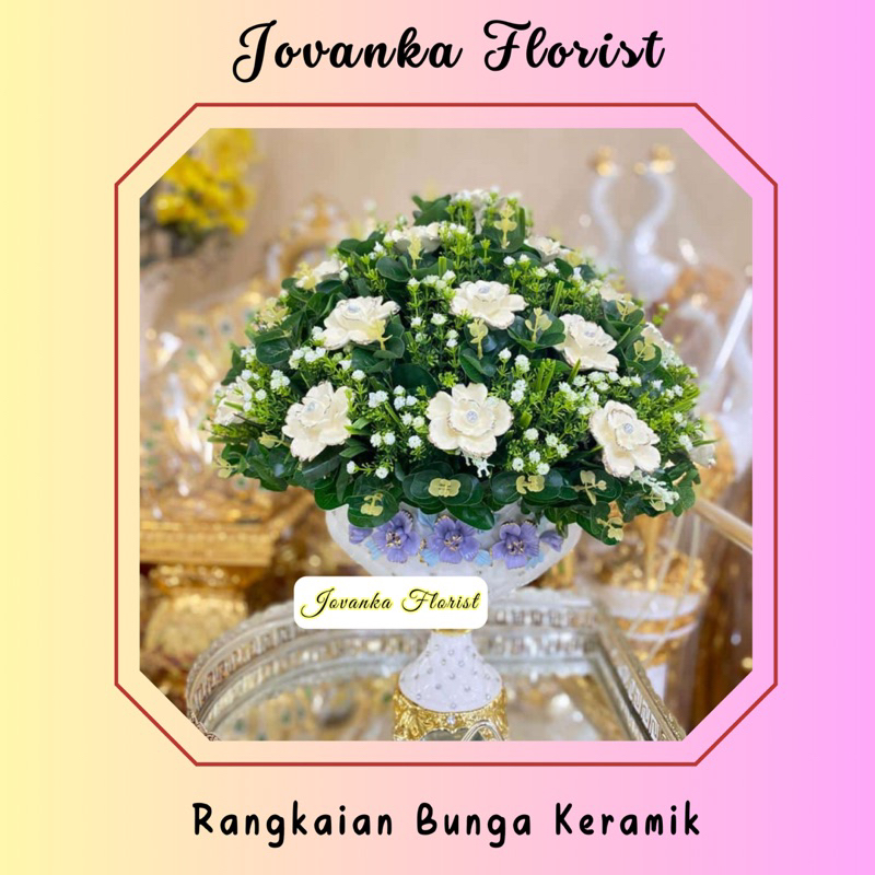 Rangkaian Bunga Keramik 28 tangkai Bunga + Vas Keramik Mewah